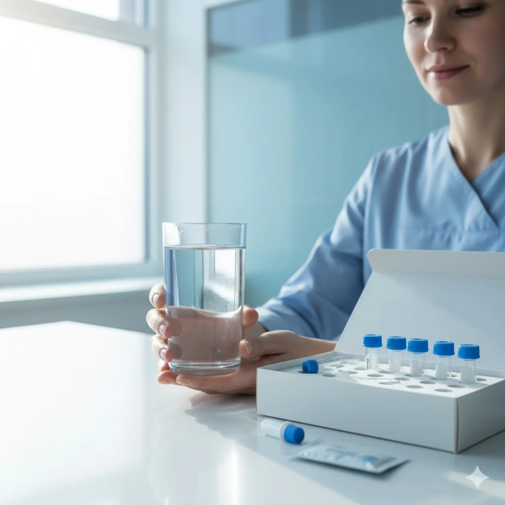A realistic, well-lit photo showing a person sitting at a medical lab counter in the morning, holding a clear glass of water beside a blood test kit and vials. The scene looks calm and professional, with soft natural light, blue-white tones, and a clean clinical background. The focus is on the clear water glass and gentle reflection of the lab tools. No text, no logos, no clutter. Perfect for a health and wellness blog article about drinking water before a fasting blood test.