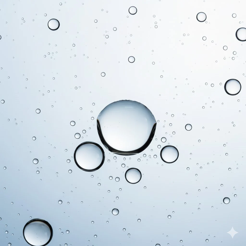 A highly realistic, close-up photo showing clear water droplets on a smooth glass surface, with soft light reflections and shallow depth of field. The droplets look three-dimensional and glossy, symbolizing adhesion and cohesion of water. Background is clean white or light blue, giving a fresh scientific feel. No text, no human hands, no labels, just pure water physics. Ideal for a science blog explaining &ldquo;Is Water Wet?