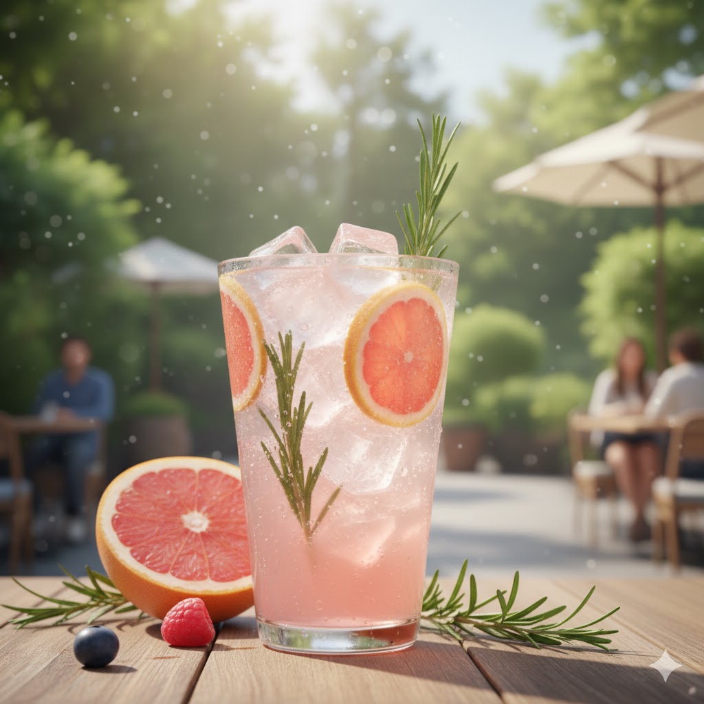 Grapefruit fizz mocktail with rosemary and large ice cubes