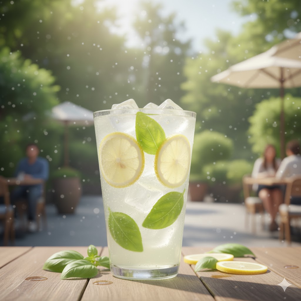 Lemon cooler mocktail with basil leaves and lemon wheels