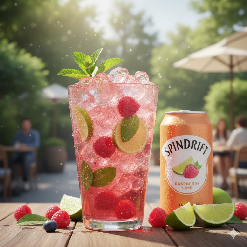 Raspberry lime spritz with Spindrift, mint and crushed ice