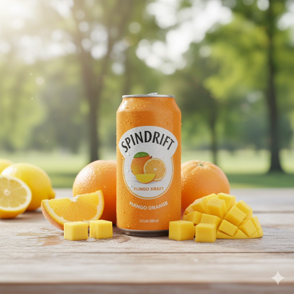 Spindrift Mango Orange can with mango cubes and orange slices