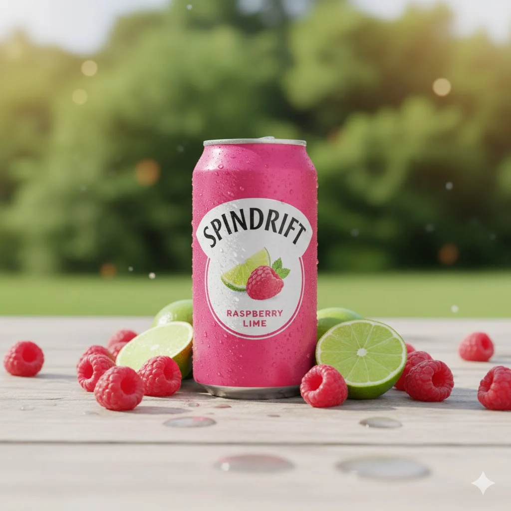 Spindrift Raspberry Lime can with raspberries and lime wedges