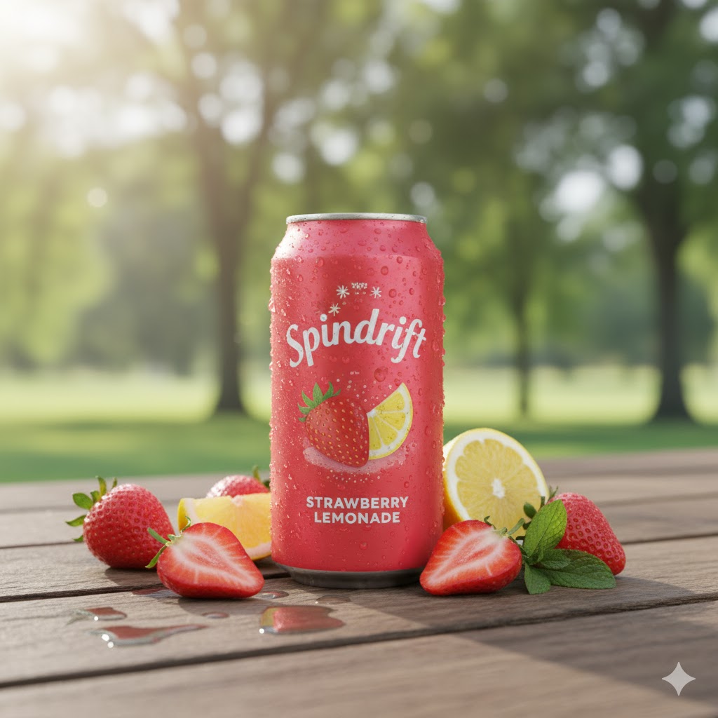 Spindrift Strawberry Lemonade can with strawberries and lemon wheel