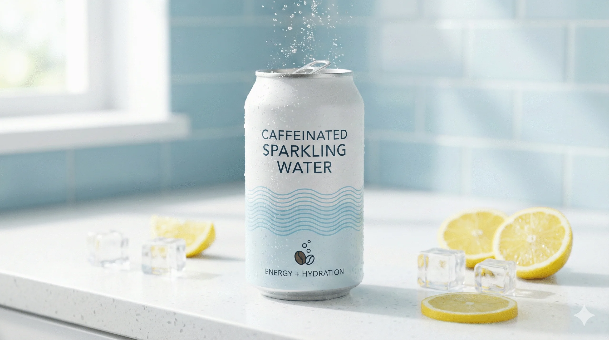 A bright, clean image showing a can of caffeinated sparkling water with visible bubbles, soft natural lighting, white and light-blue background, refreshing modern aesthetic, minimal design, high-resolution 16:9 hydration/energy concept.