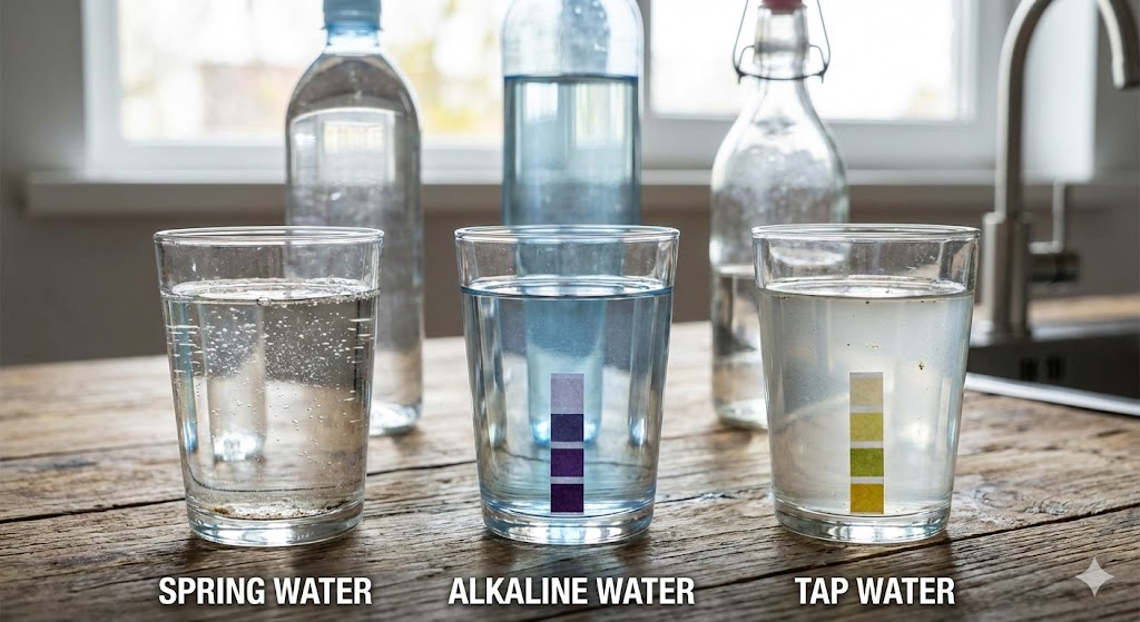 Comparison of spring water, alkaline water, and tap water in glasses