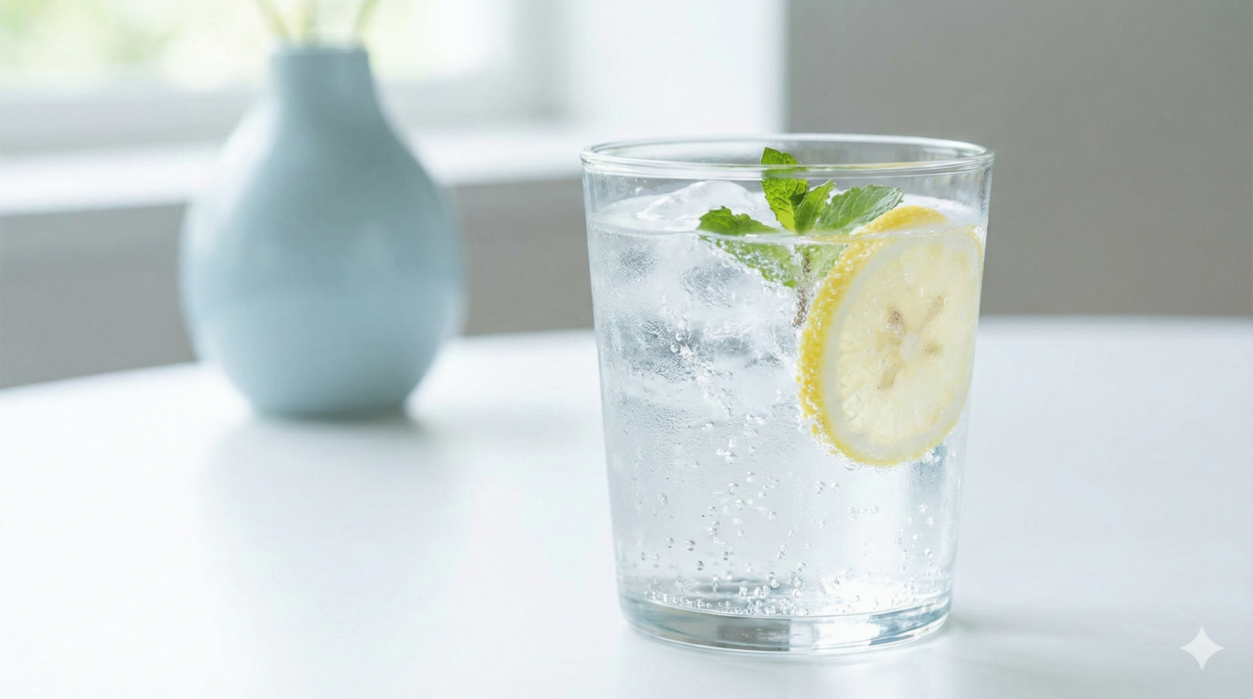 A bright, modern image of a glass of sparkling water with rising bubbles, soft natural lighting, white and light-blue background, minimal clean aesthetic, condensation on glass, refreshing and healthy feel, high-resolution 16:9 suitable for a hydration blog.