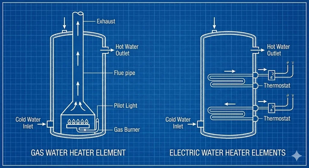 Gas vs Electric water heater heating elements diagram