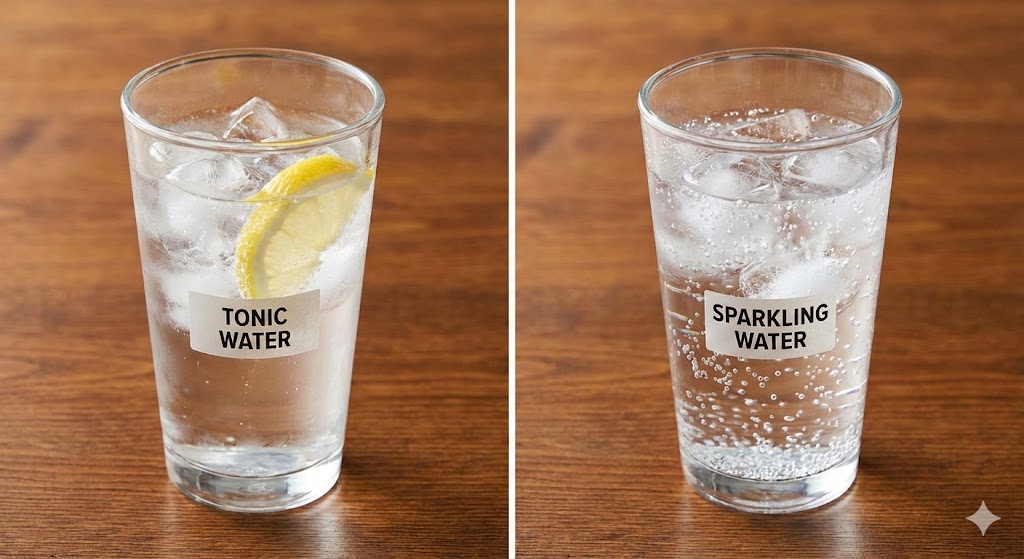 Glass of tonic water with lemon slice vs plain sparkling water