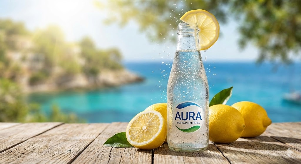 Healthy sparkling mineral water in a glass bottle with lemon