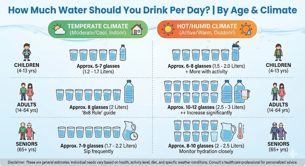 How Much Water Should You Drink Per Day? | By Age & Climate