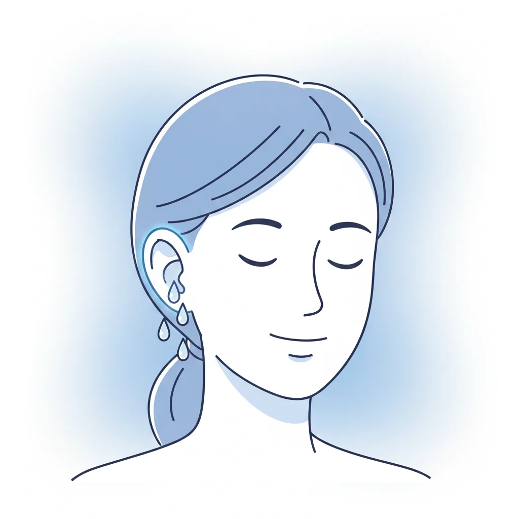 A bright, clean medical-style illustration of a person gently tilting their head to the side to remove water from the ear, soft natural lighting, light blue and white background, simple vector-style anatomy highlighting the outer ear, no invasive tools, calm and friendly design, modern health-blog aesthetic, high resolution, 16:9 aspect ratio.