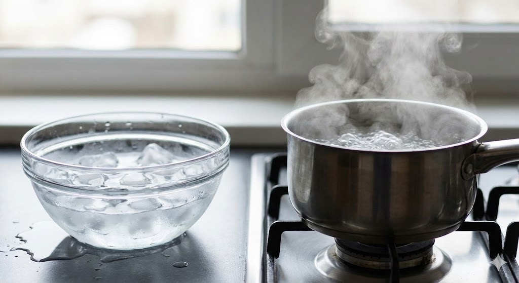 Ice cubes melting and steam rising from boiling water