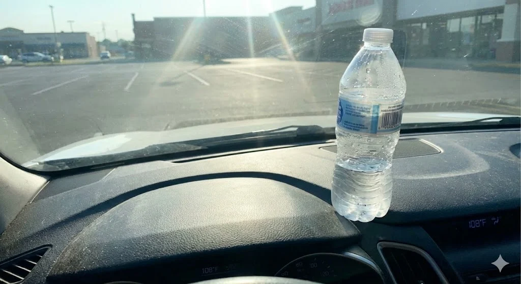 Plastic water bottle sitting on a car dashboard in the sun