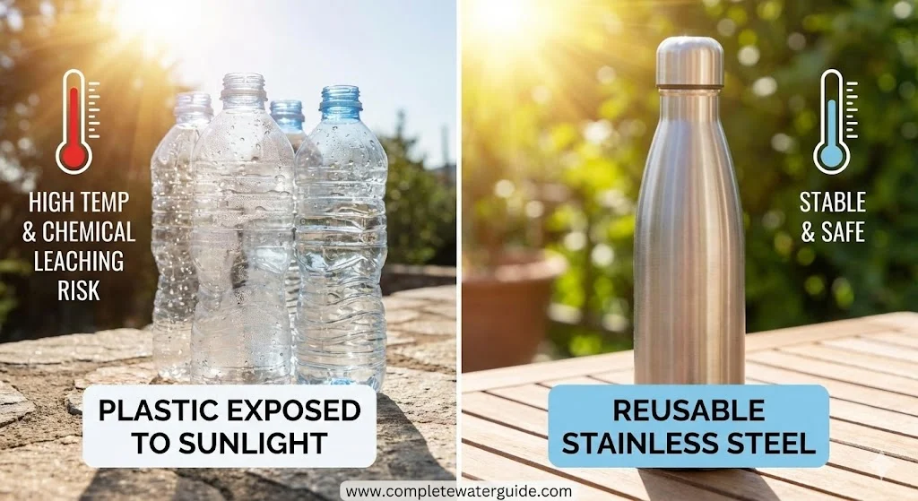Plastic water bottles exposed to sunlight vs reusable stainless steel bottle