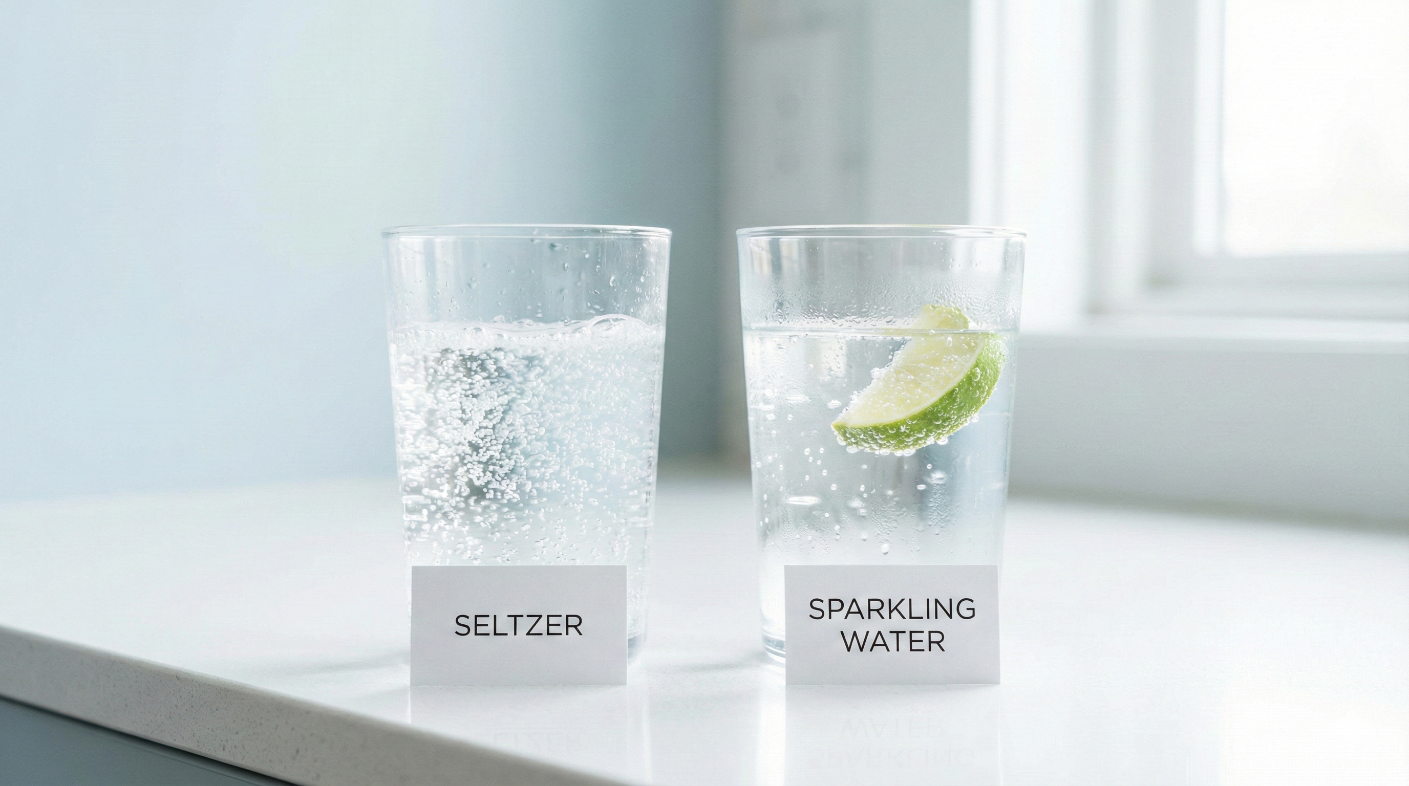 A bright, minimal image showing two glasses side by side labeled &ldquo;Seltzer&rdquo; and &ldquo;Sparkling Water,&rdquo; with visible bubbles, soft natural lighting, white and light-blue background, clean modern aesthetic, high-resolution 16:9 comparison style.