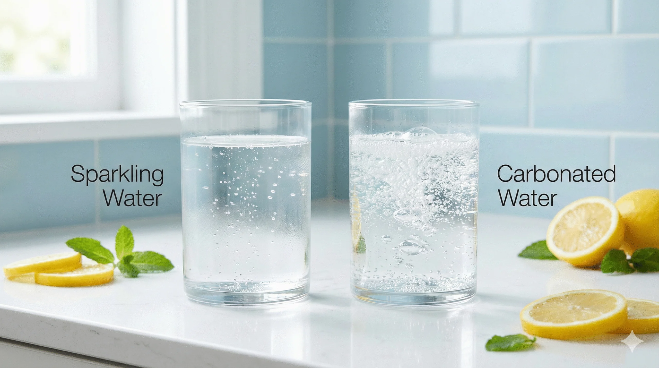 bright, clean comparison image featuring two clear glasses&mdash;one labeled &ldquo;Sparkling Water&rdquo; with natural bubbles, one labeled &ldquo;Carbonated Water&rdquo; with artificial fizz&mdash;white and light-blue background, soft natural lighting, modern minimal design, high-resolution 16:9, hydration-focused aesthetic.