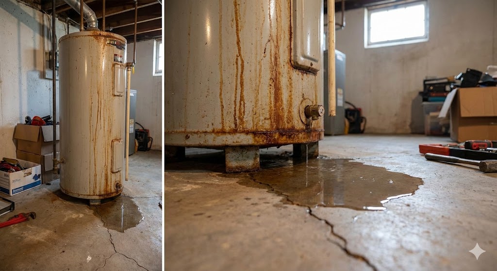 Water heater leaking from the bottom onto a concrete floor