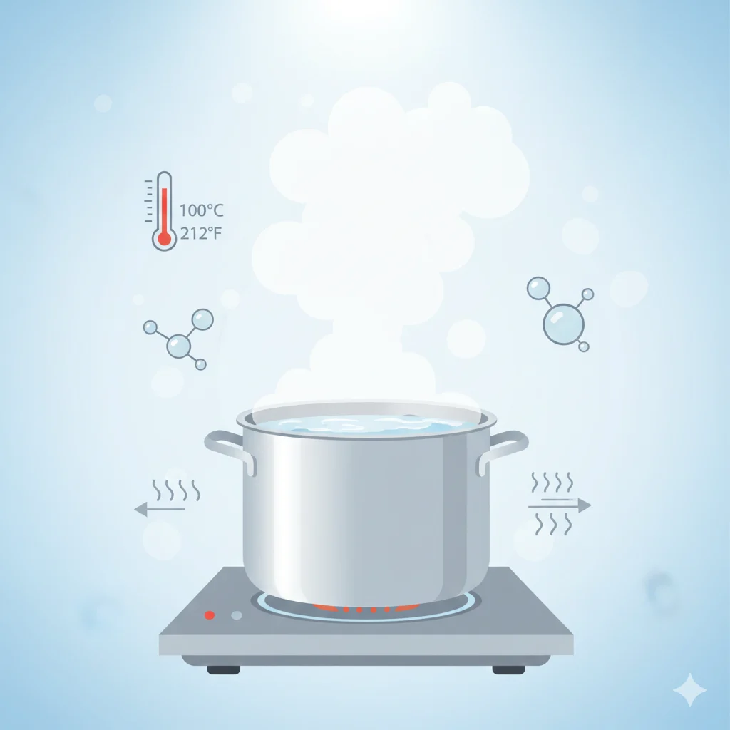 A clean, bright illustration of a pot of water boiling on a stove, clear rising steam, soft natural lighting, light blue and white background, minimal modern design, scientific theme, temperature icons around the pot, high-resolution 16:9 aspect ratio, perfect for a blog cover about the boiling point of water.