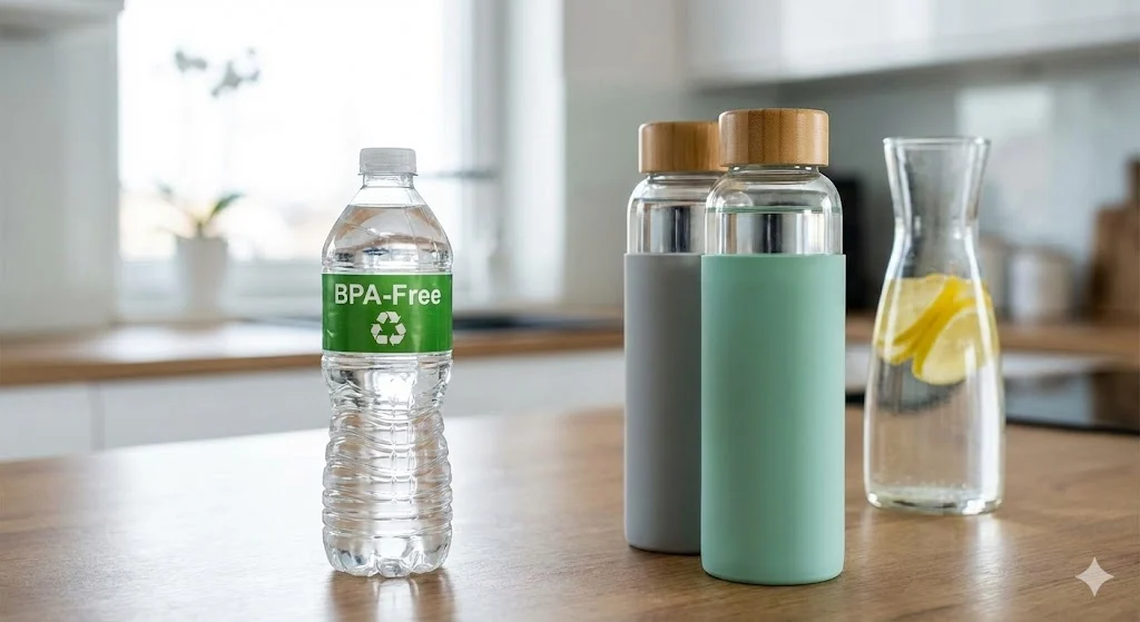BPA-Free label on a plastic water bottle next to glass alternatives