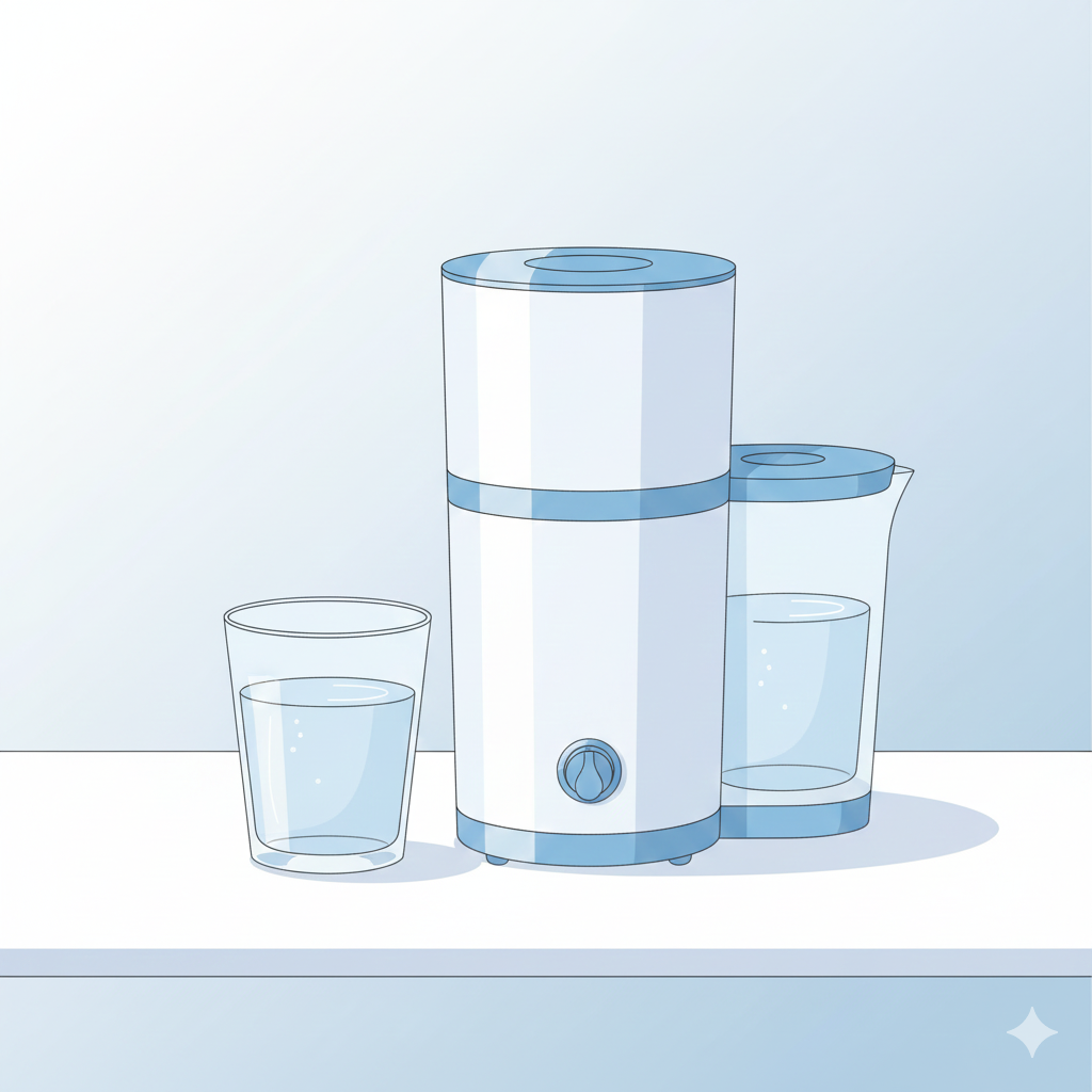 A bright, clean illustration of a glass of distilled water beside a home water distiller, soft natural lighting, minimalistic design, white and light blue background, modern health-blog aesthetic, no dark tones, high-resolution 16:9.