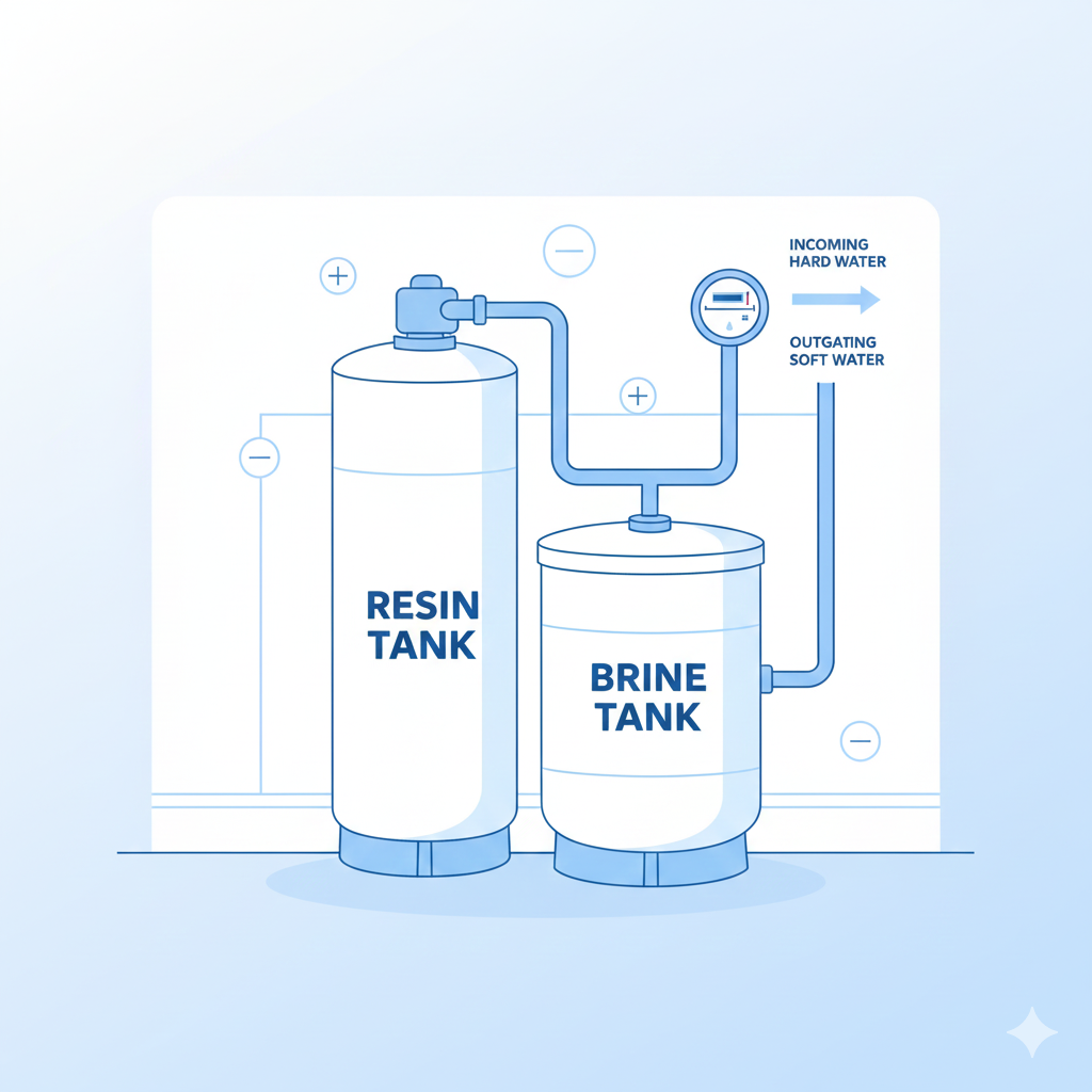 A bright, clean illustration of a home water softener system installed in a utility room, soft natural lighting, white and light-blue background, minimal modern design, labeled tanks, no dark shadows, high-resolution 16:9, perfect for an informational cost guide.