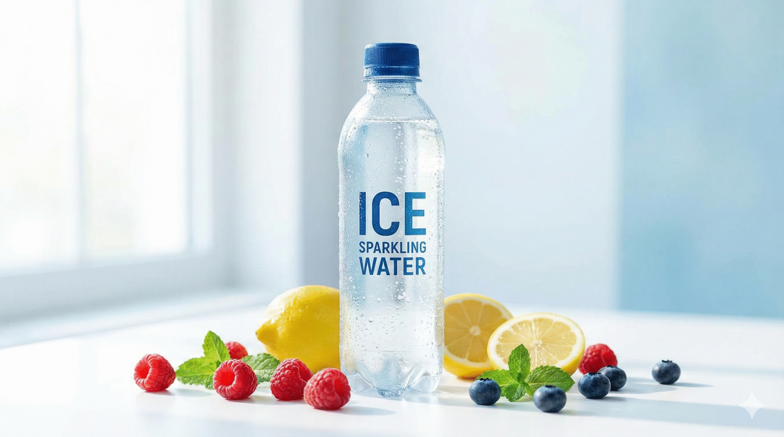 A bright, clean photo-style image of a bottle of Ice Sparkling Water with colorful fruits like raspberries and lemons around it, soft natural lighting, white and light-blue background, condensation on bottle, refreshing modern aesthetic, high-resolution 16:9, suitable for a health blog.