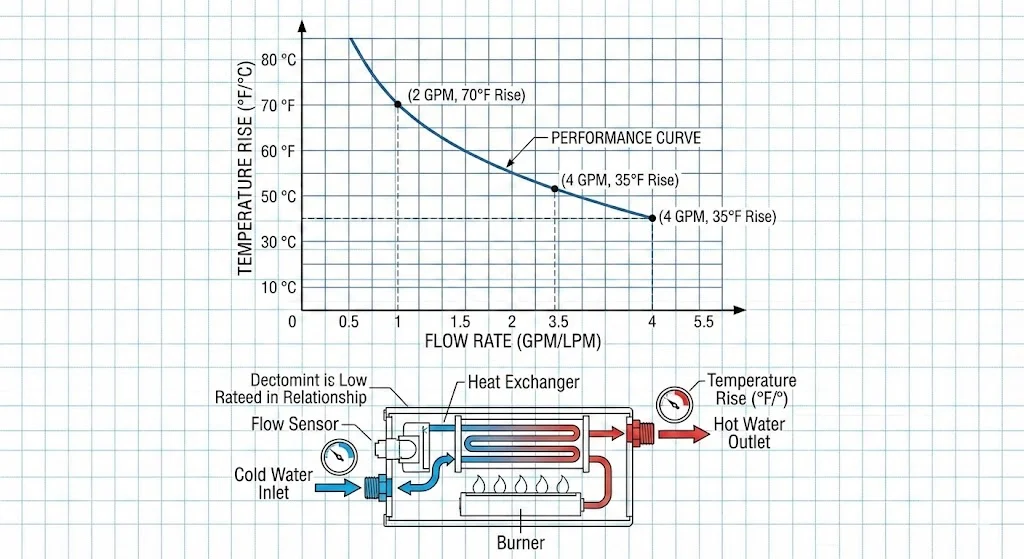 Tankless water heater diagram showing flow rate vs temperature rise