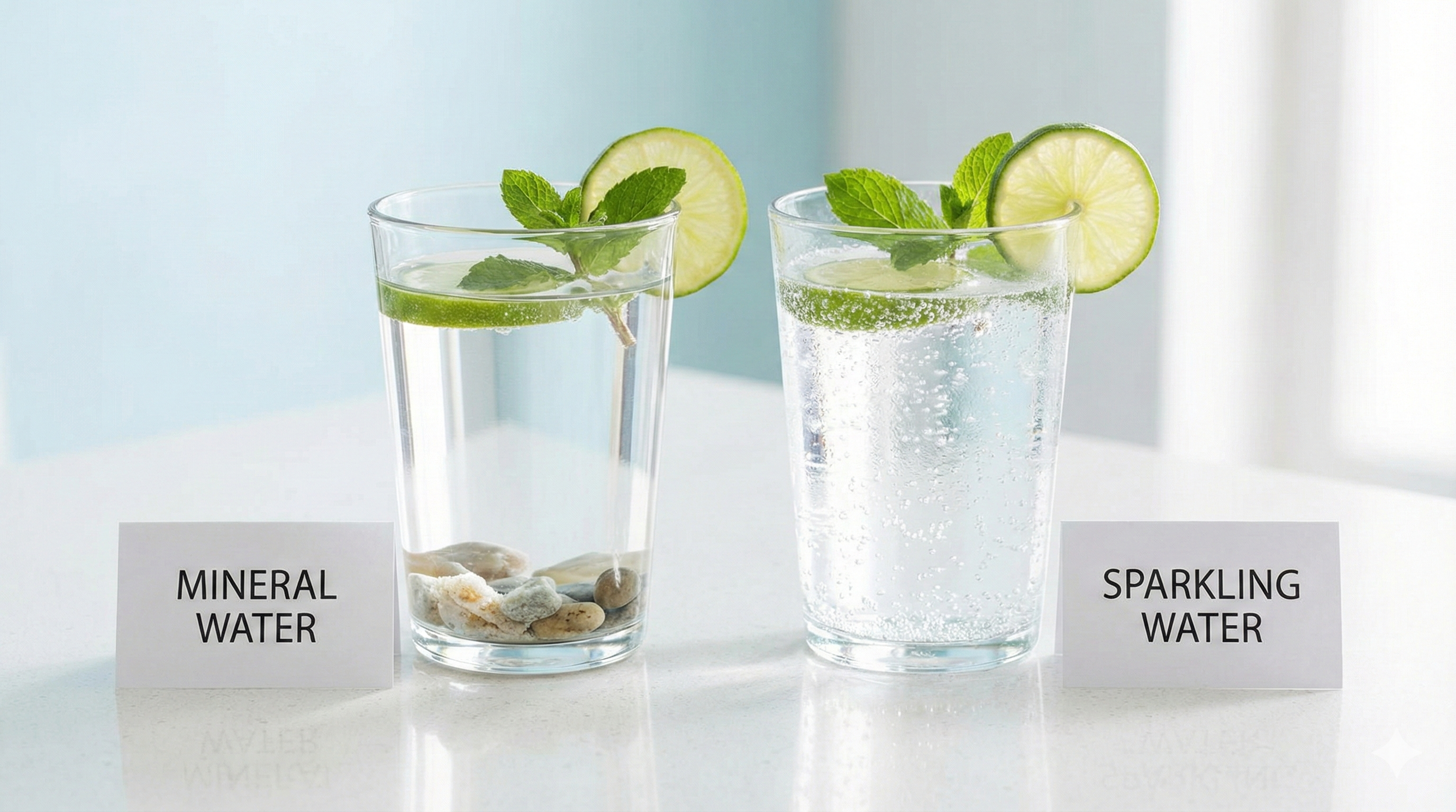 A bright, clean comparison image showing two clear glasses&mdash;one labeled &ldquo;Mineral Water&rdquo; with natural minerals, one labeled &ldquo;Sparkling Water&rdquo; with crisp bubbles. Soft natural lighting, white and light-blue background, minimal modern style, hydrating and refreshing aesthetic, high-resolution 16:9.