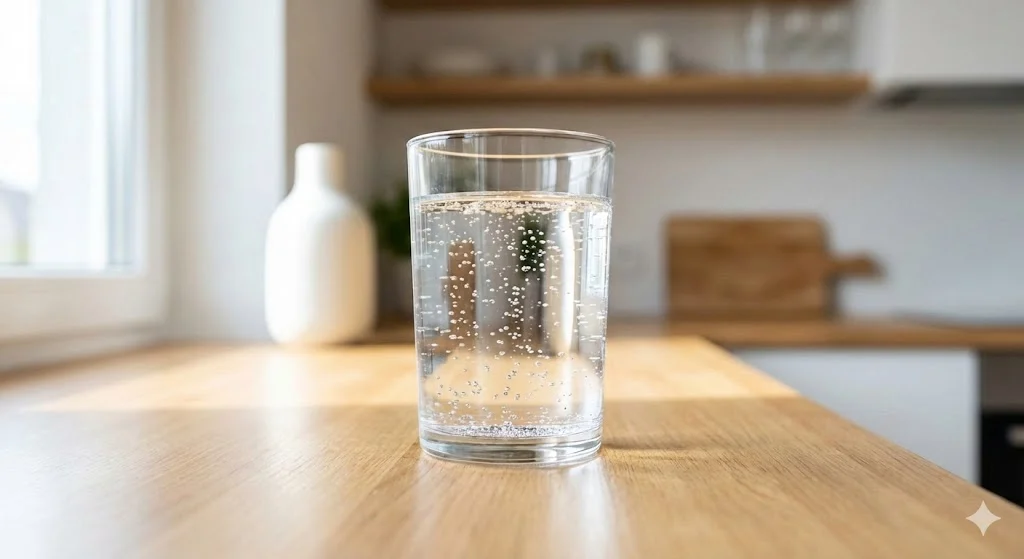 Glass of sparkling water with bubbles
