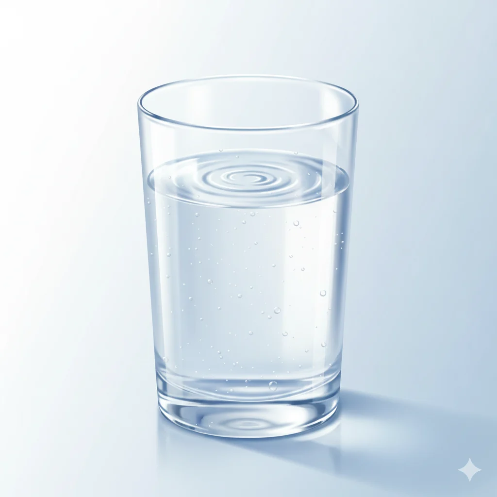 A bright, clean illustration of a clear glass of still water on a white and light-blue background, soft natural lighting, gentle reflections, no bubbles, no carbonation, minimalistic modern design, water droplets on the glass, subtle ripple effect, fresh and pure atmosphere, high-resolution 16:9, perfect for a blog cover about still (non-carbonated) water.