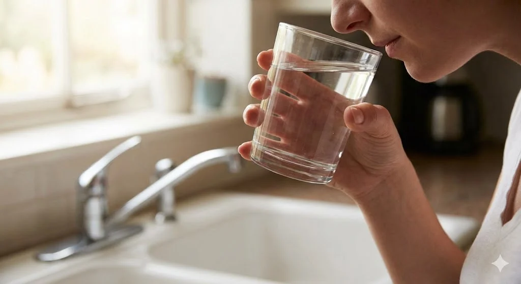 Person smelling tap water from a glass