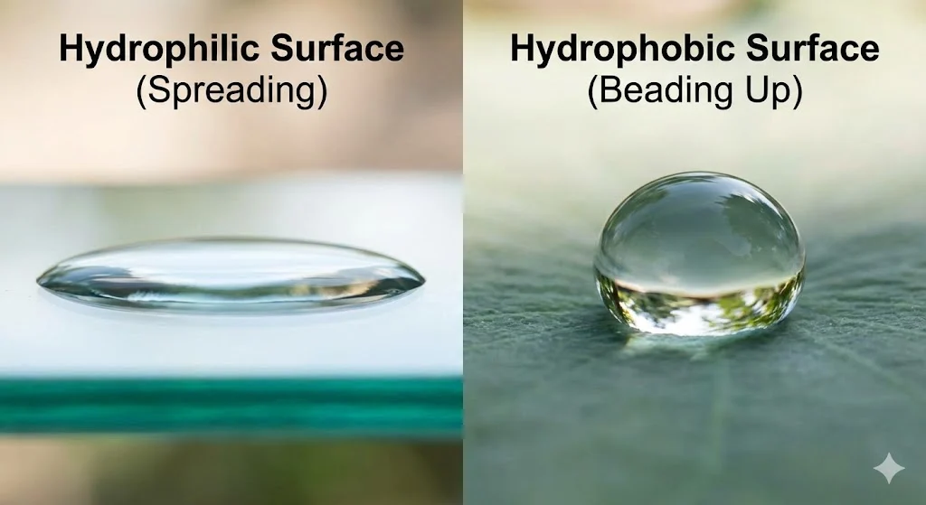 Water droplet spreading on a surface vs beading up