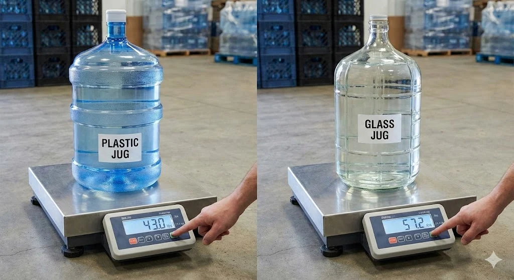 How Much Does a 5 Gallon Jug of Water Weigh? 5 gallons of water weighs about 41.7 pounds (18.9 kg). A full 5-gallon plastic jug typically weighs 42–44 lbs (19–20 kg), while a glass jug can weigh 55 lbs (25 kg) or more.