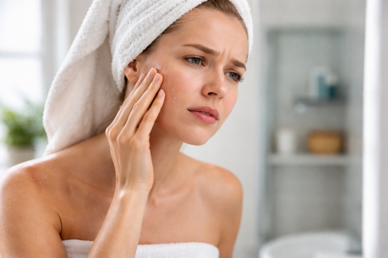 Concern over irritated skin in the mirror