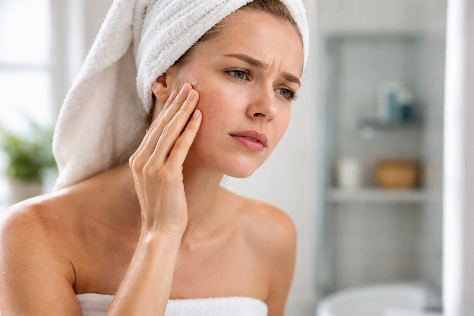 Concern over irritated skin in the mirror