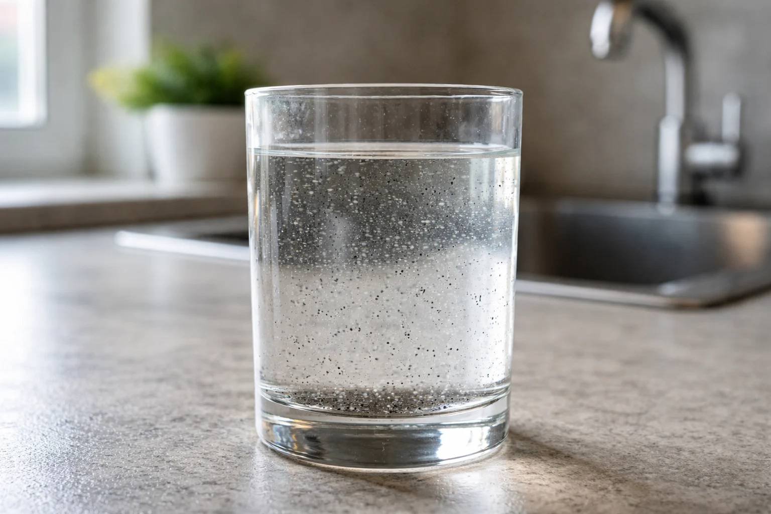 Glass of water with floating particles
