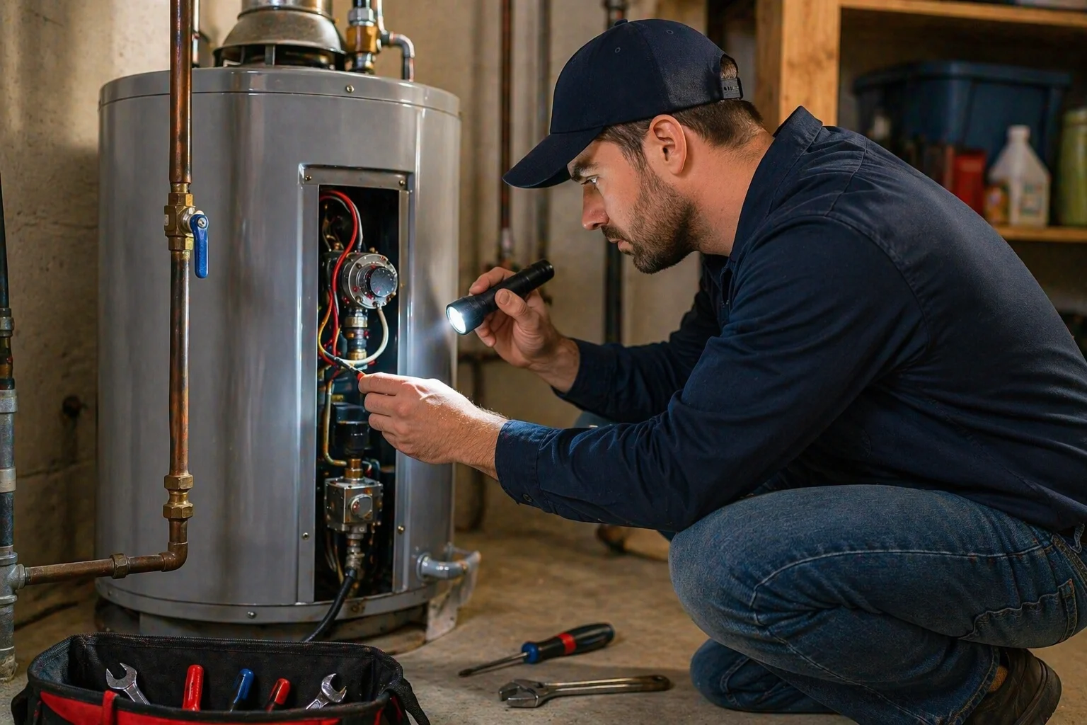 Man repairing water heater in basement