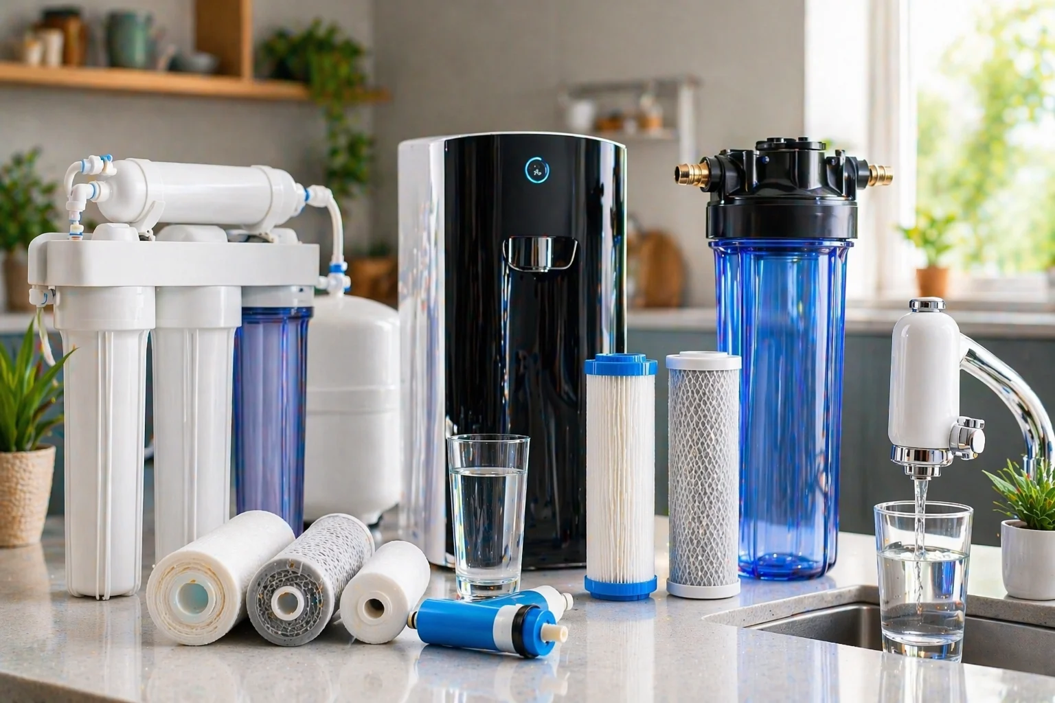 Modern kitchen with water filtration display