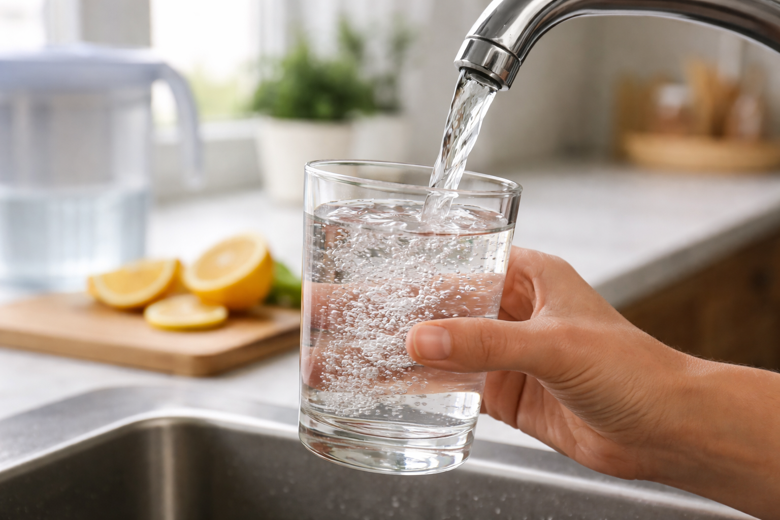 Refreshing pour in a modern kitchen