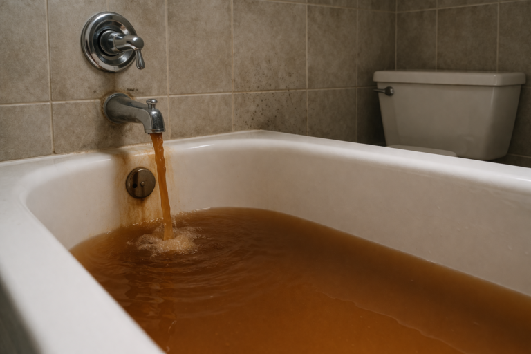 Rusty water in a white tub