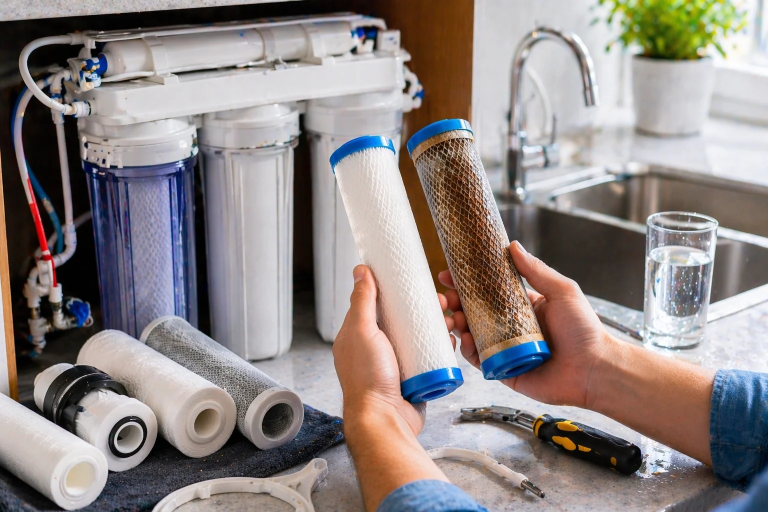 Water filter replacement in a modern kitchen