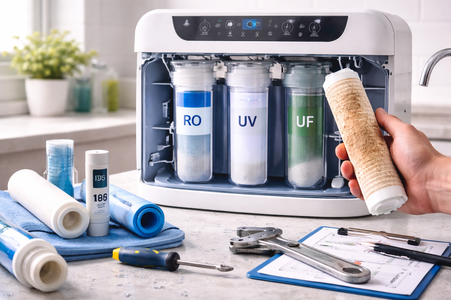 Water purifier maintenance in progress