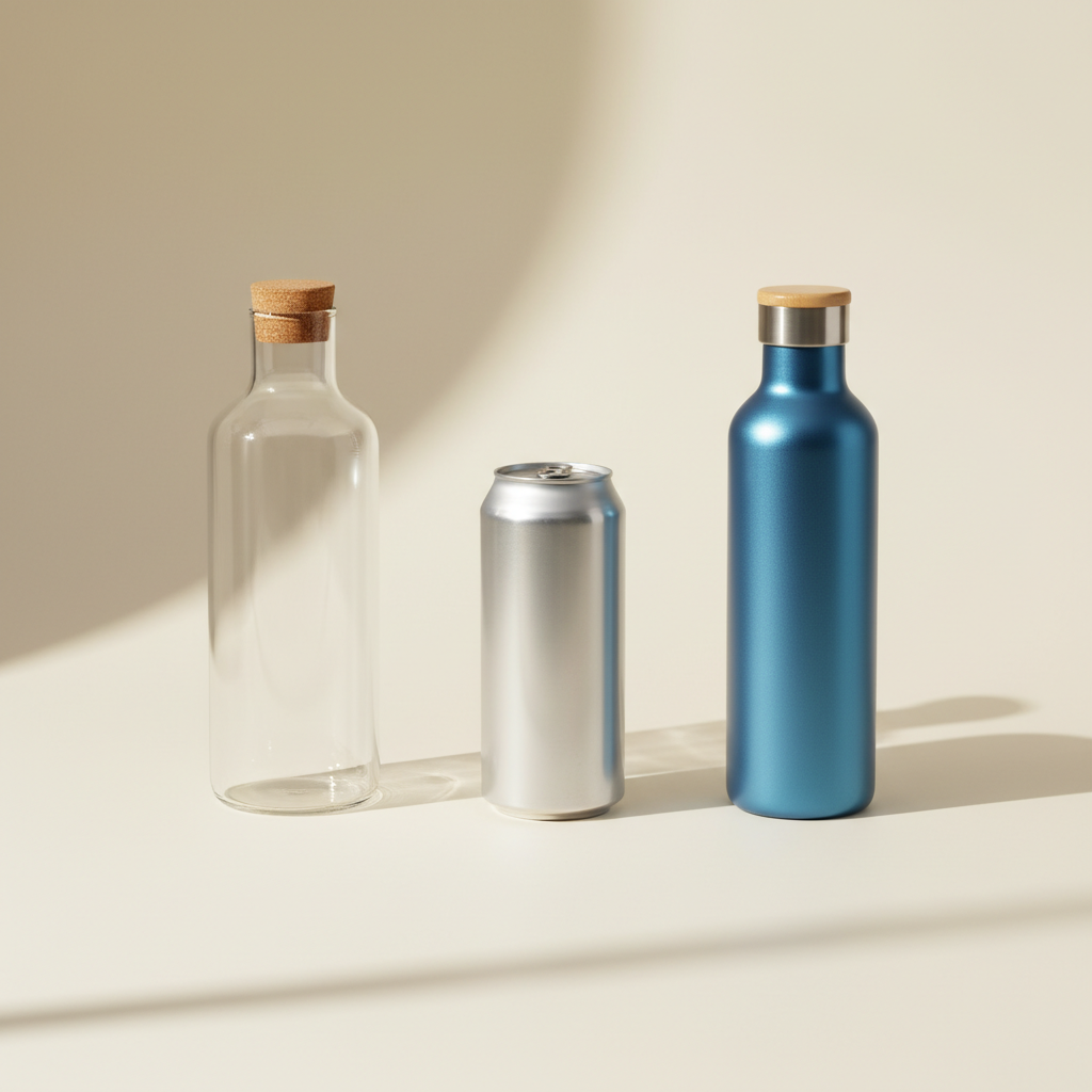 Glass, aluminum, and reusable steel bottle comparison