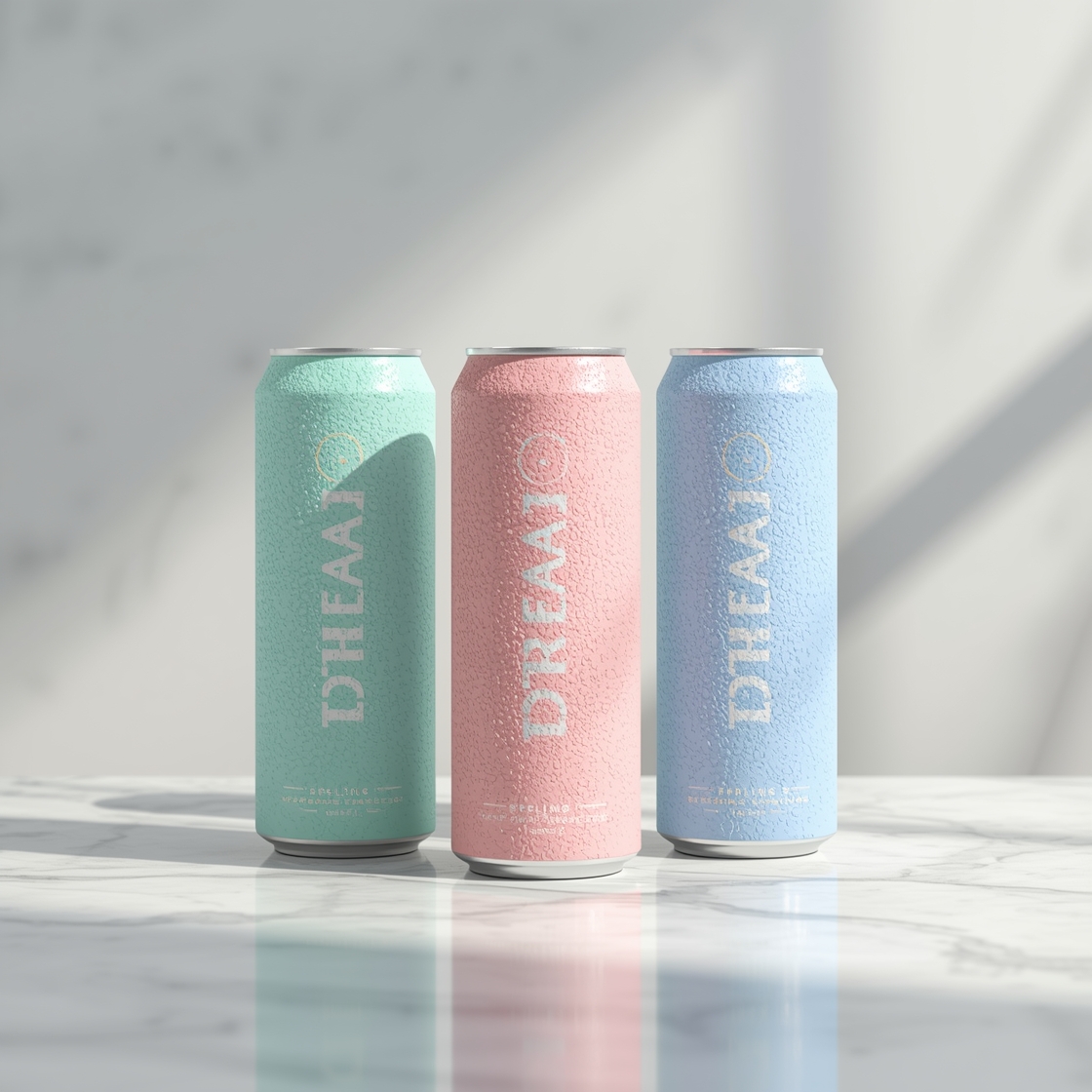 AHA sparkling water dual-flavor cans in pastel colors on a marble surface