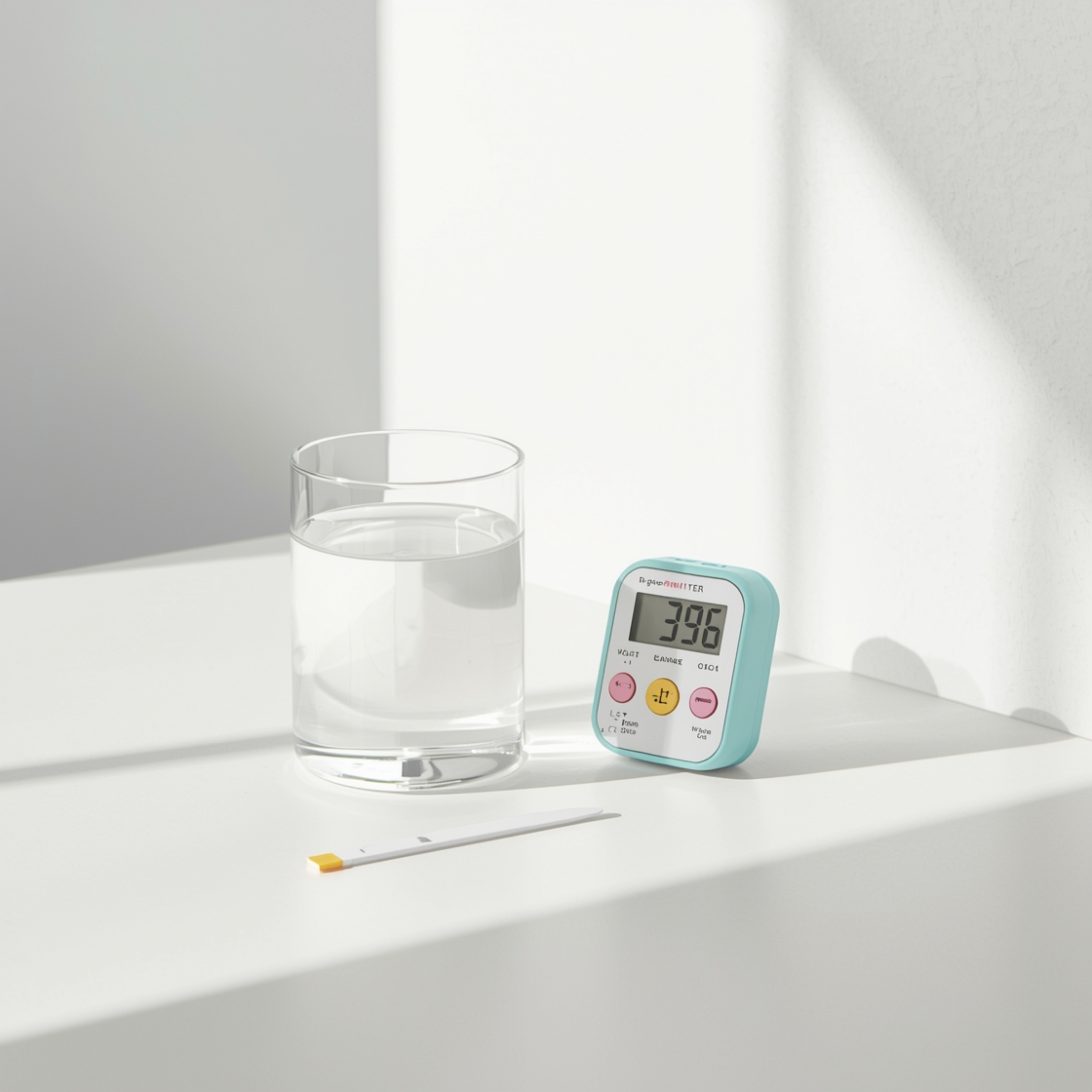 Glass of water beside pH test strip and digital meter for alkaline water testing