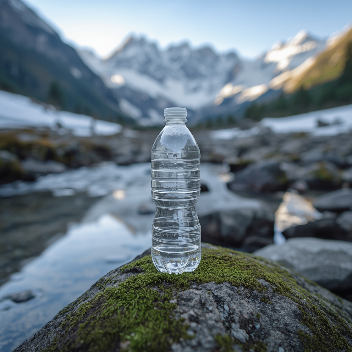 Plastic water bottle beside an alpine stream representing Evian's mountain spring source