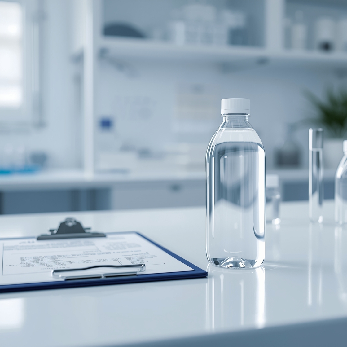 Plastic water bottle beside laboratory sample vial representing contamination testing