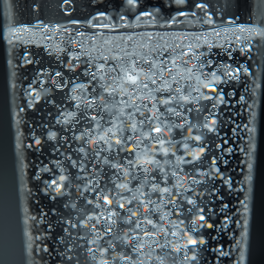 Macro close-up of fine carbonation bubbles rising in a glass of sparkling water
