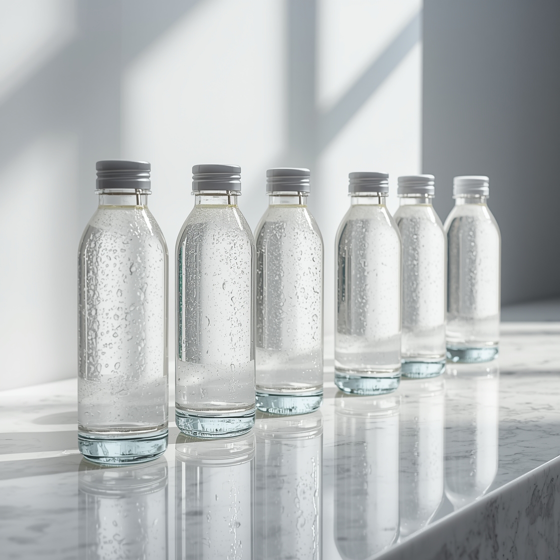 Row of premium glass water bottles representing the safest bottled water brands